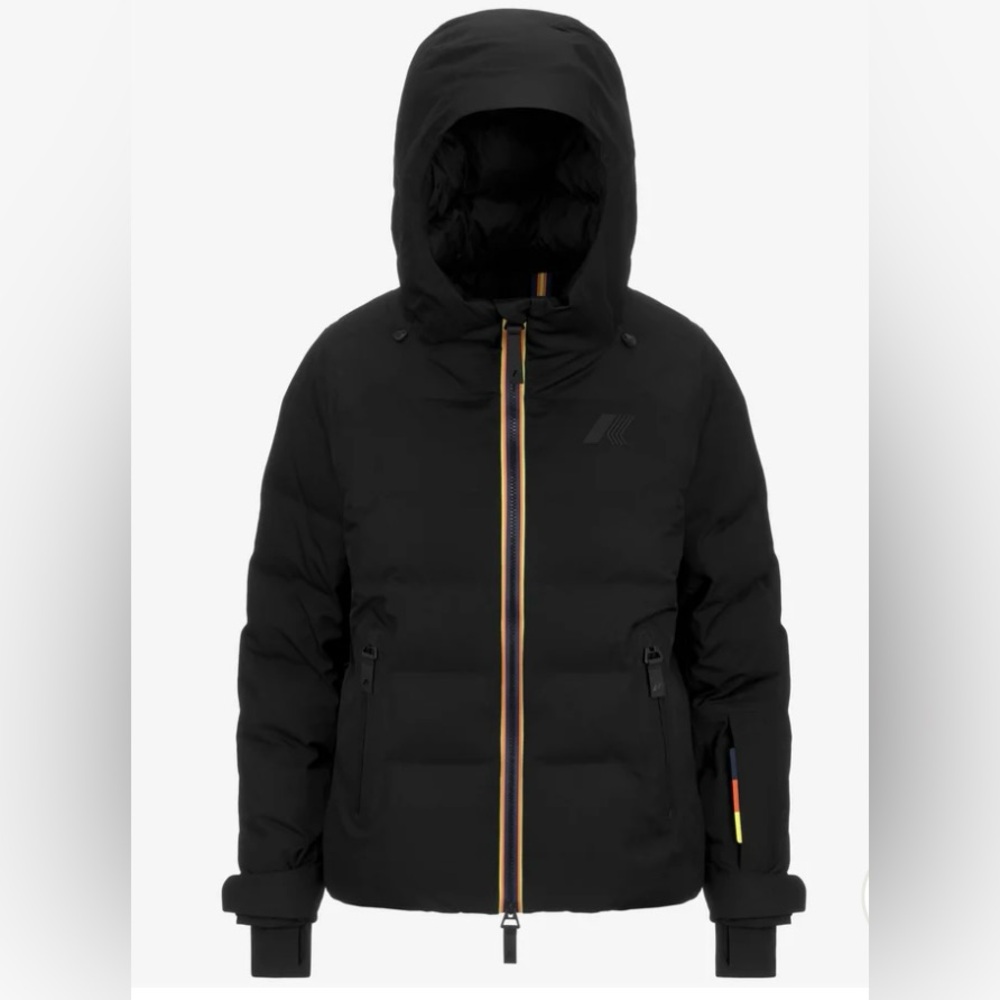 K-WAY Puffer Jacket Coat Down Feathers Women's Black‎ XS Hood Rainbow Stripe NEW - Picture 2 of 16